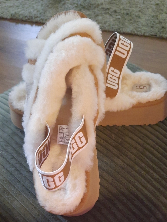 UGG Shoes - UGG Cream Shearling Platform Slides with Chestnut Straps
